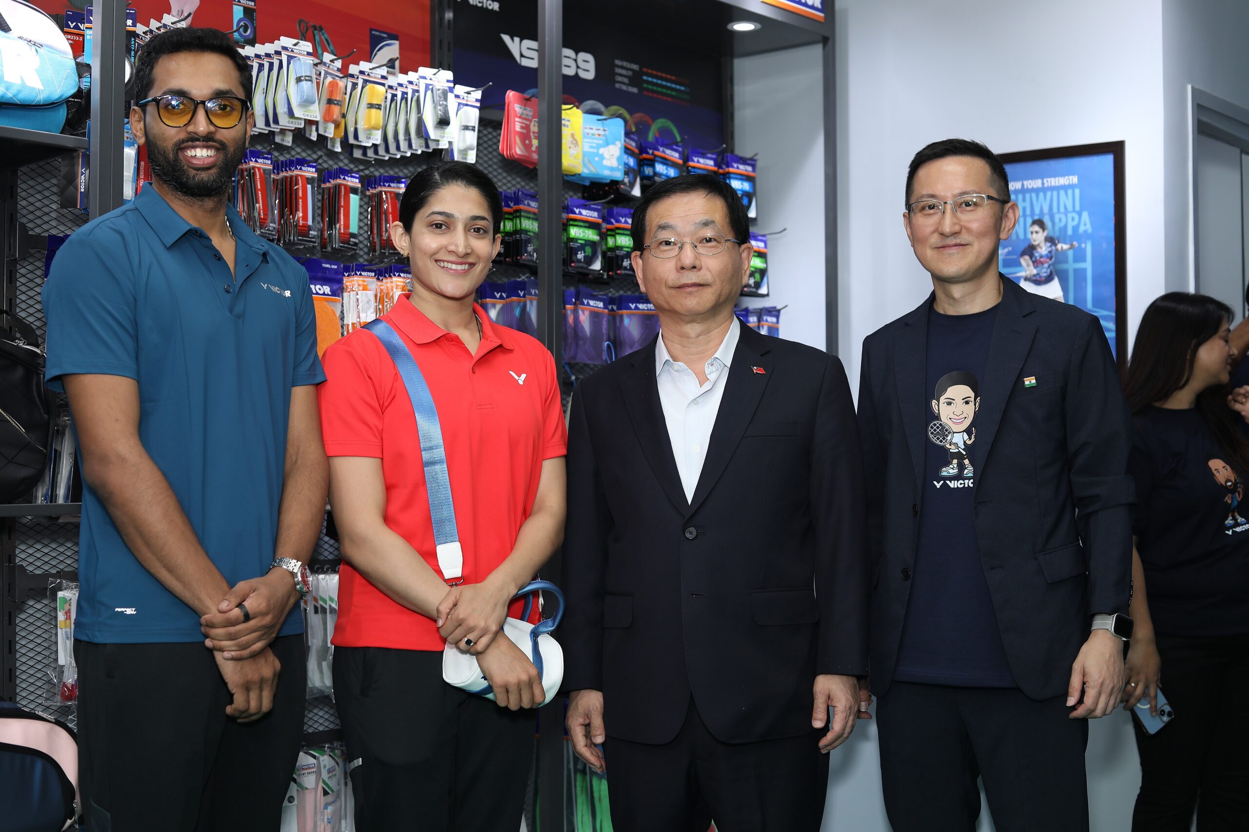 L-R Indian Badminton Players Prannoy HS, Ashwini Ponnappa, Taiwan Ambassador Boushuan Ger and GM Victor Rackets Pvt Ltd Ben Hsiung